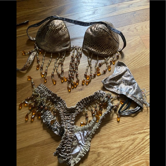 Vintage 80s Gold Snake Skin 4 Pc Beaded Belly Dance Cabaret S - Picture 2 of 10
